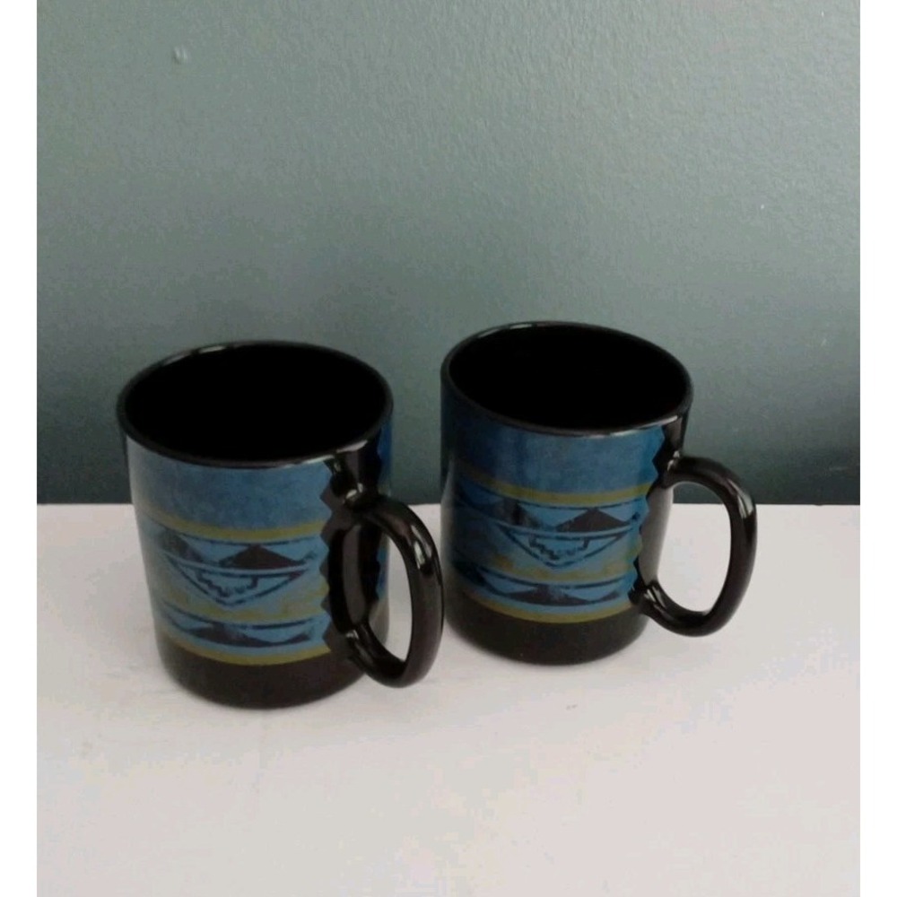 Southwestern Style Coffee Mugs Set of 2 Blue‎ Black Aztec Design